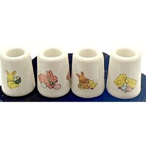 Vintage Lefton Easter Bunny & Chicks Thimble Style Candle Holders Set of 4